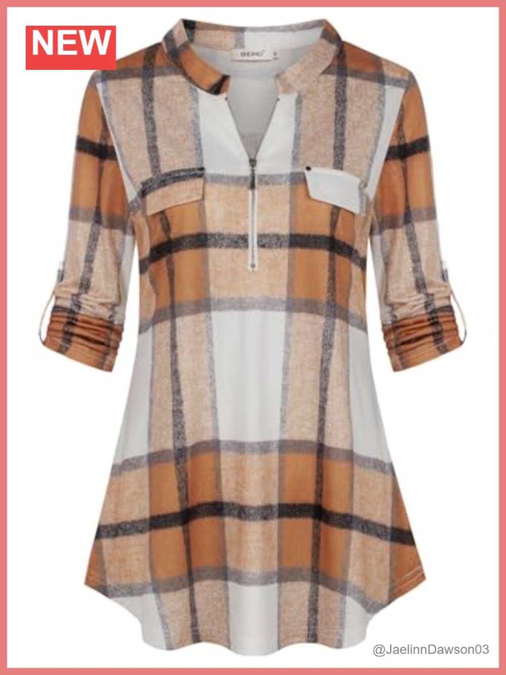 Womens Plaid Zip Up V Neck 3/4 Sleeve Blouse Office Work Top